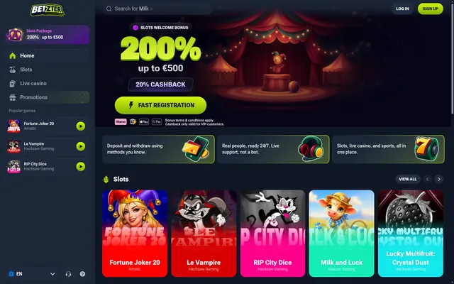 Main page of betzter.com, the Betzter lobby