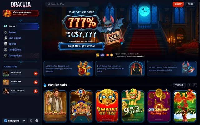Main page of dracula.casino, the Dracula lobby
