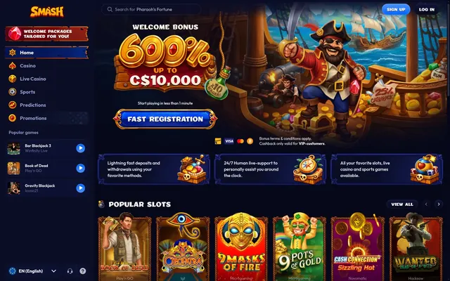Main page of smash.casino, the Smash lobby