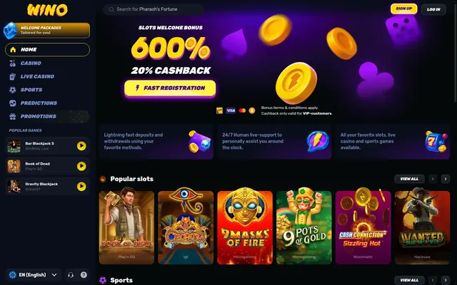 Main page of wino.casino, the Wino lobby